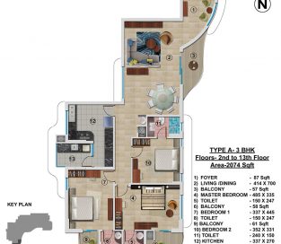 Type A - 2nd to 13th 2074 sq.ft - 3BHK