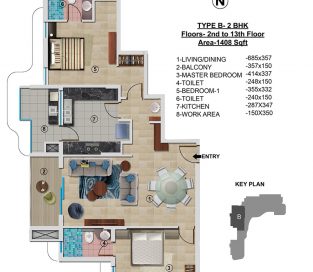 Type B - 2nd to 13th 1408 sq.ft - 2BHK