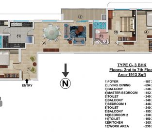 Type C - 2nd to 7th 1913 sq.ft - 3BHK