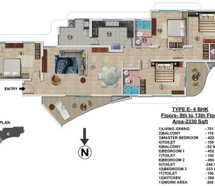 Type E - 9th to 13th 2330 sq.ft - 4BHK