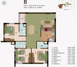 TYPE B - FIRST FLOOR TO 7TH FLOOR - 1246 sq.ft - 3BHK
