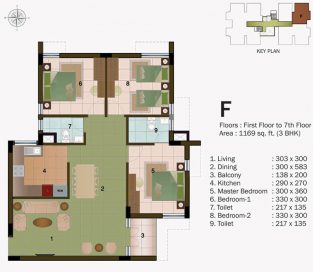 TYPE F - FIRST FLOOR  TO 7TH FLOOR -1169 sq.ft - 3BHK